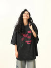 Stone-Rinsed Black Bloom Print Round T-Shirt