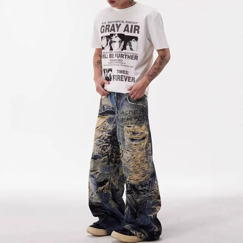 Classic 3D Printed Sleek Torn Bell Leg Denim