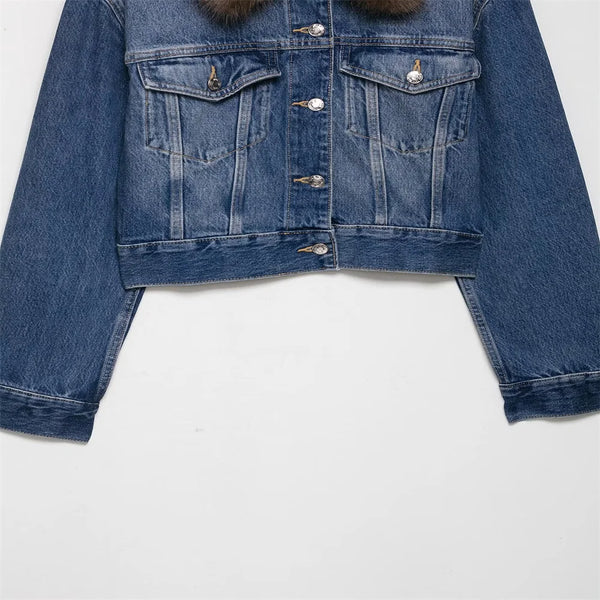 Elevated Classic Faux Fur Collar Denim Jacket alternatif görünüm