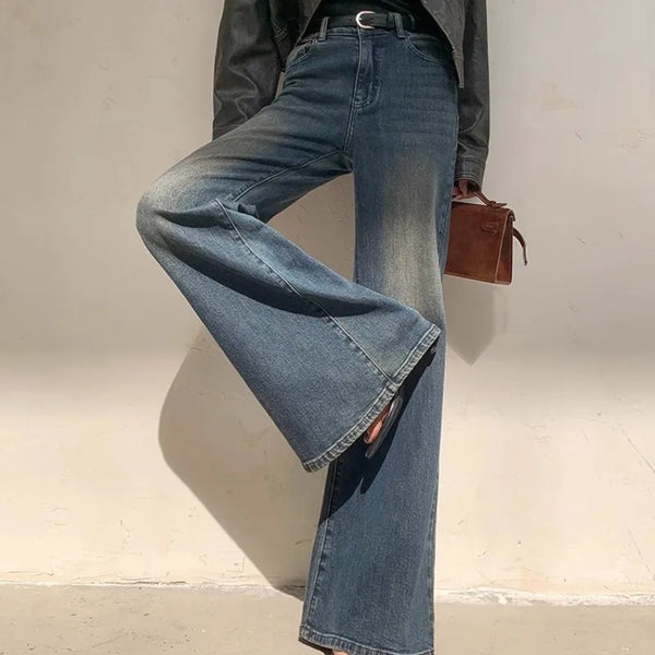 Women Classic Bell Leg Faded Denim alternatif görünüm