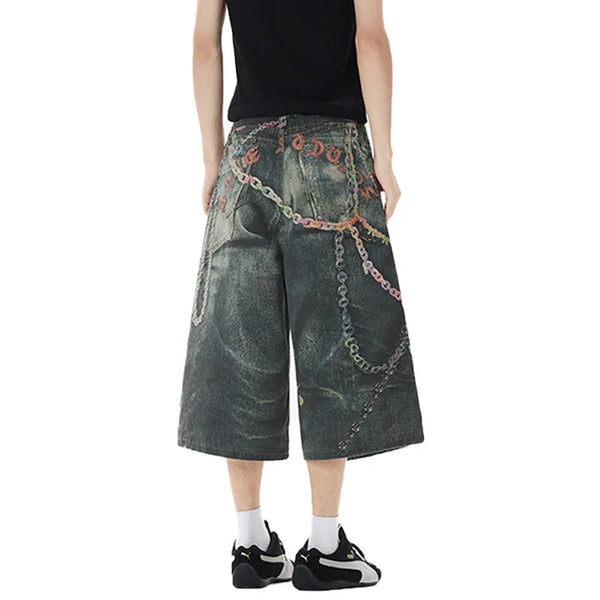 Custom 3D Printed Chain Pattern Denim Shorts alternatif görünüm