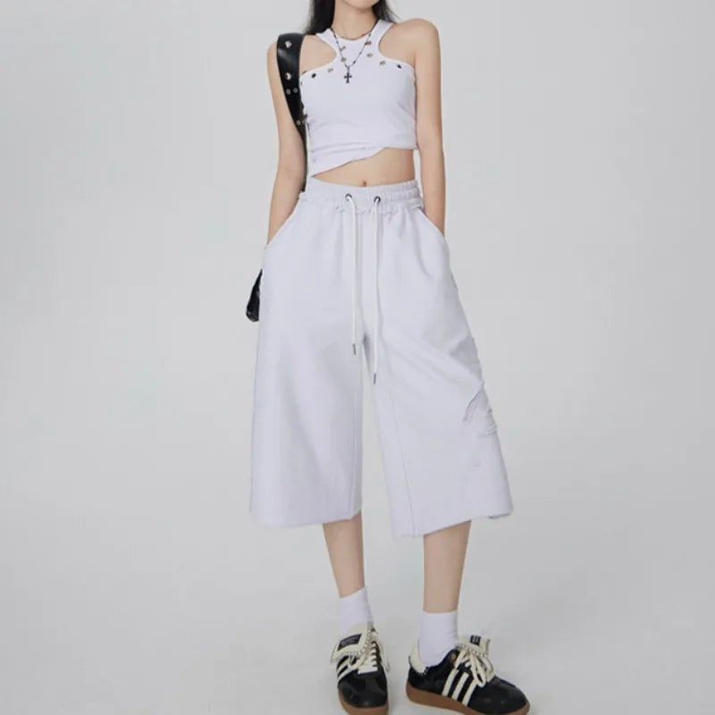 Women 2000s White Wide Leg Drawstring Denim Shorts