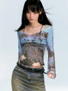 Long Print Letter Mesh Sheer T-Shirt