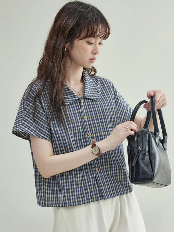 Plaid Loose Vintage Street Summer Blouse alternatif görünüm