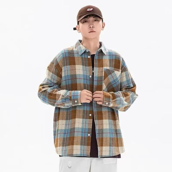 Mens Plaid Social Street Autumn Long Top alternatif görünüm