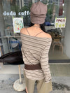 Women Urban-Edge Washed-Out Line-Pattern Slash Neck Raw-Edge T-Shirt