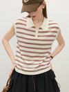 Women Everyday Line-Pattern Knit Sleeveless Button Collar T-Shirt