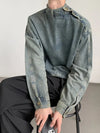 2000s Washed Buckle Collar Moto Denim Jacket