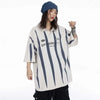 Women Nostalgia Line-Pattern Lapel with Stamped Collar-Knit T-Shirt
