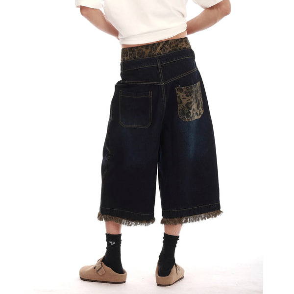 Woodland Mosaic Wide Leg Denim Shorts alternatif görünüm