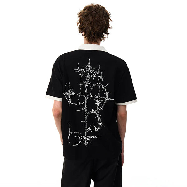 Polished Color Contrast Splicing Illustrated Collar-Knit T-Shirt alternatif görünüm