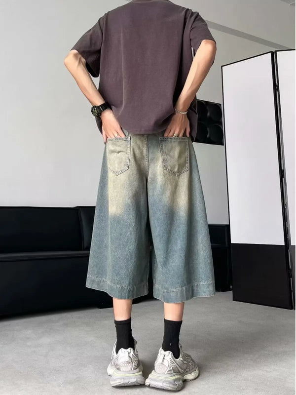 Western Men Style Heritage Seoul Style Wide Leg Denim Shorts alternatif görünüm