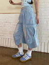 Sleek Striped Heart Stitchwork Utility Denim Shorts