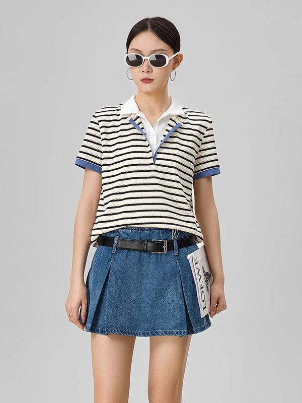 Cozy Multi-Stripe Collar-Knit V-Neck Knit T-Shirt alternatif görünüm