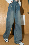 Durable 2000s Beaded High-Rise Bell Denim