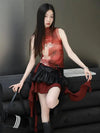 Strong-Graphic Red Mesh Print Tank T-Shirt