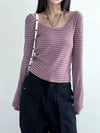 Bar-Print Long Sleeve U-Neck T-Shirt