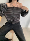 Women Urban-Edge Washed-Out Line-Pattern Slash Neck Raw-Edge T-Shirt