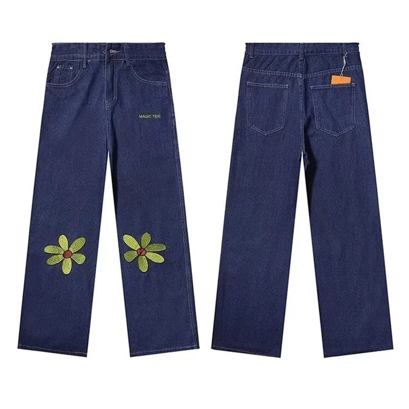 Easy Blue Flower Daisy Bell Leg Denim