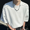 Pad Shoulder Zipper Beaded Rhinestone T-Shirt