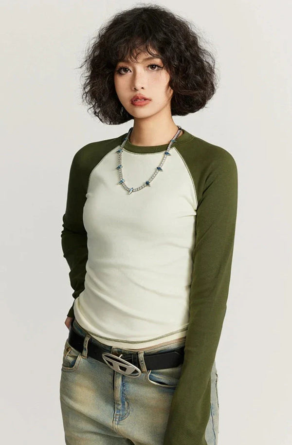 Women's Sleeve Long Contrast Color T-Shirt alternatif görünüm
