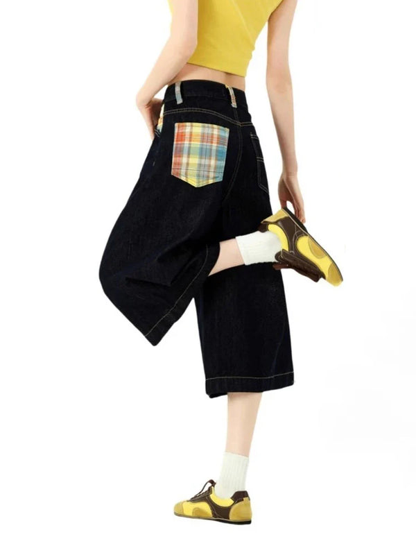 2000s Kidcore Checkered Pocket Timeless Denim Shorts alternatif görünüm