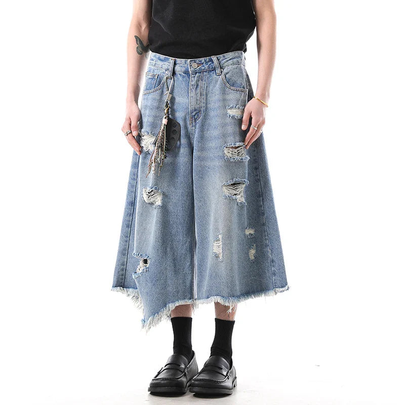 High-Quality Irregular Hole Denim Shorts