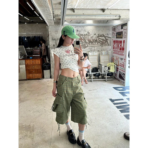 Women Green Checkered Print High-Rise Wide Relaxed Denim Shorts alternatif görünüm