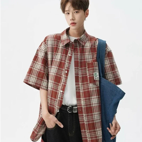 Mens Vintage Plaid Pocket Short Sleeve Top