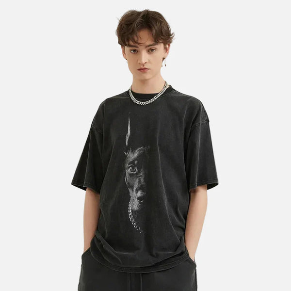 Boxy-Fit Faded Black Doberman Illustrated T-Shirt alternatif görünüm