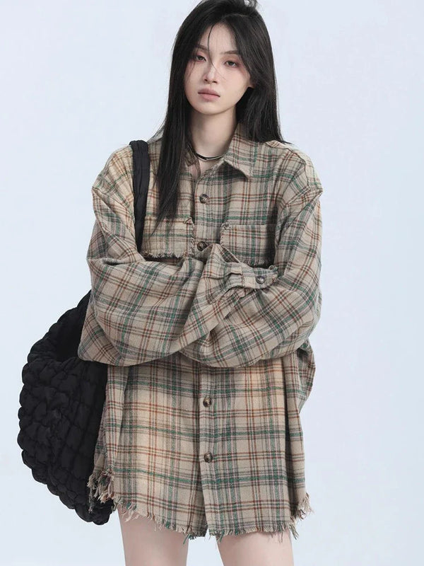 Fringe Plaid Street Vintage Long Blouse alternatif görünüm