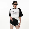 Washed-Out Relaxed-Cut Cartoon Print Round T-Shirt