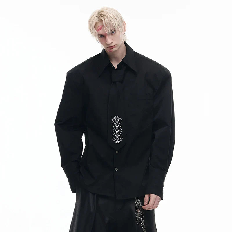 Tonal Contrast Embroidered Lapel Top