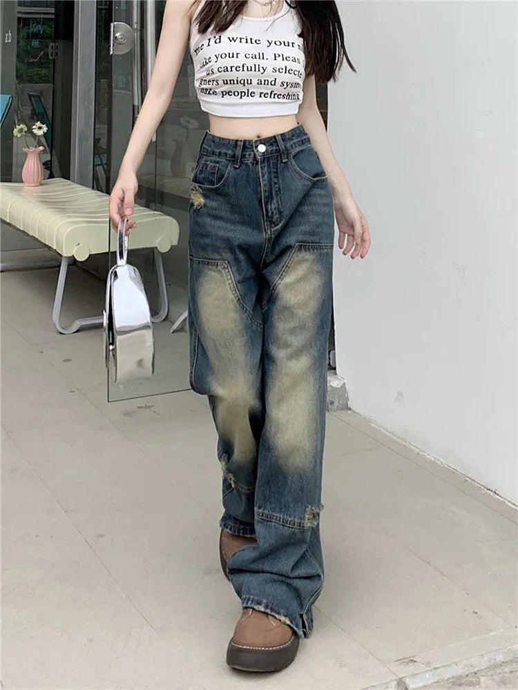Street Denim Blue Relaxed Hole High-Rise Denim