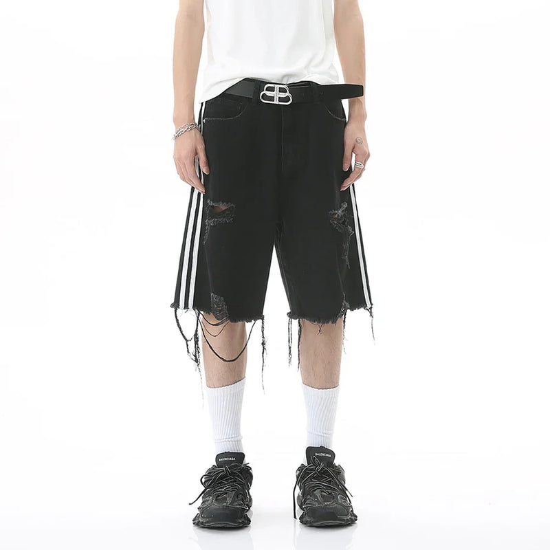 Race Stripe Torn Denim Shorts