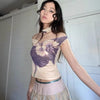 Time-Worn Tattoo Print Mesh Off-Shoulder T-Shirt