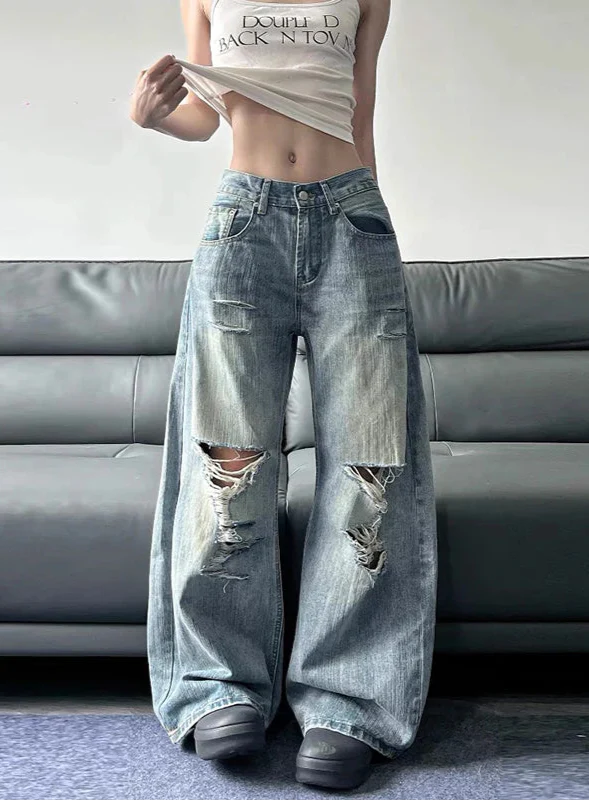 Durable 2000s High-Rise Torn Blue Bell Leg Denim alternatif görünüm