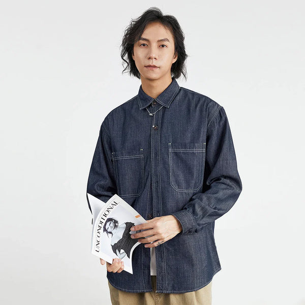 Mens Denim Retro American Casual Long Top alternatif görünüm