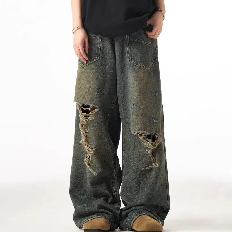 Classic Western Torn Faded Wide Denim