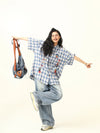 Blue Plaid Toon Stitch Embroidered Top