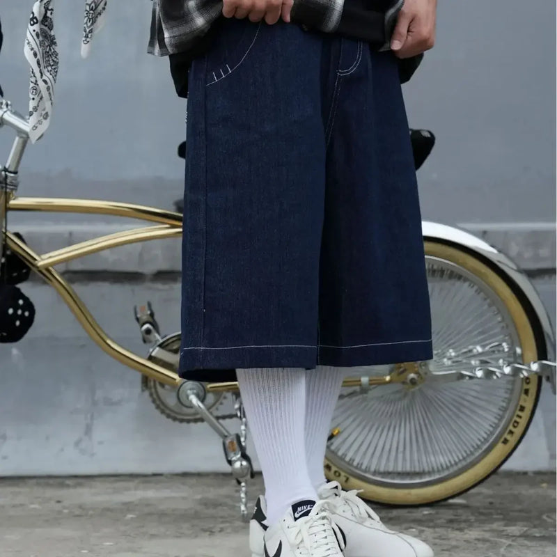 Stitchwork Pockets Oversized Denim Shorts