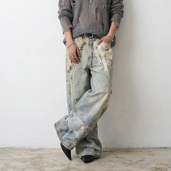 Western High Street 3D Print Bell Leg Denim alternatif görünüm