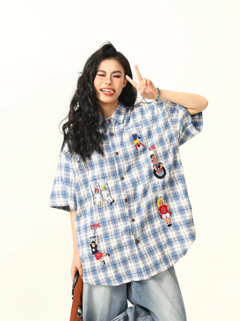 Blue Plaid Toon Stitch Embroidered Top