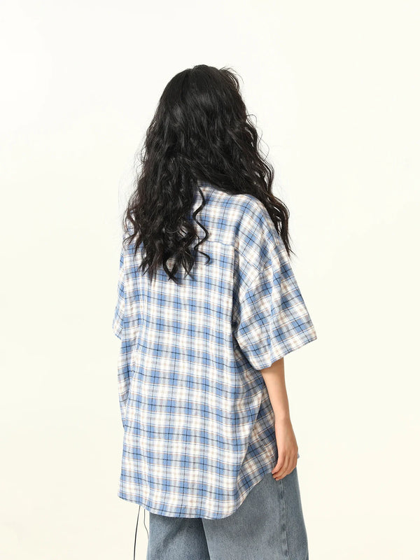 Blue Plaid Toon Stitch Embroidered Top alternatif görünüm