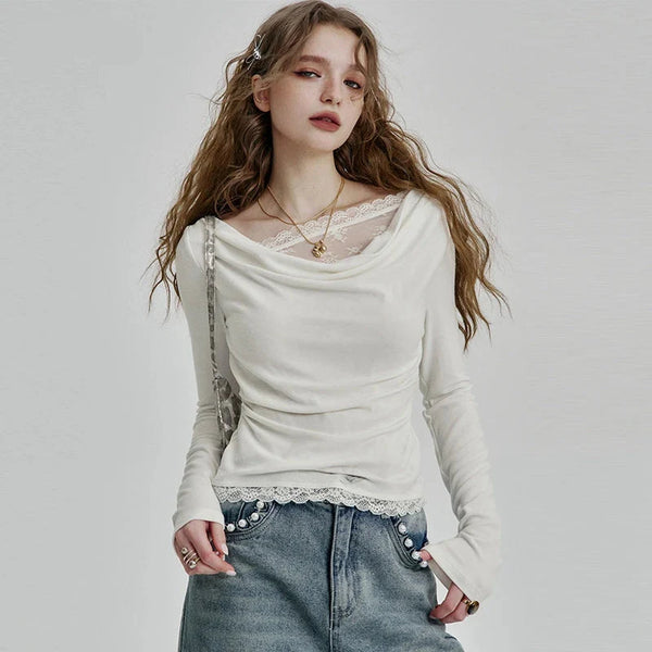 Neck Round Pleated Lace White T-Shirt alternatif görünüm