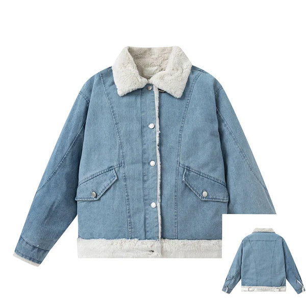 Sweet Indigo Plush Lady Short Denim Jacket alternatif görünüm