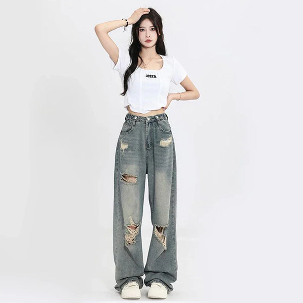 2000s Torn Hole-Knee Relaxed Denim alternatif görünüm