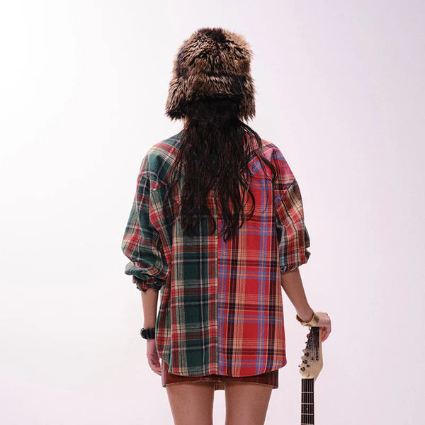 Mix Plaid Patchwork Button-Front Top alternatif görünüm