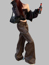 Distressed Brown Leather Wide-Leg