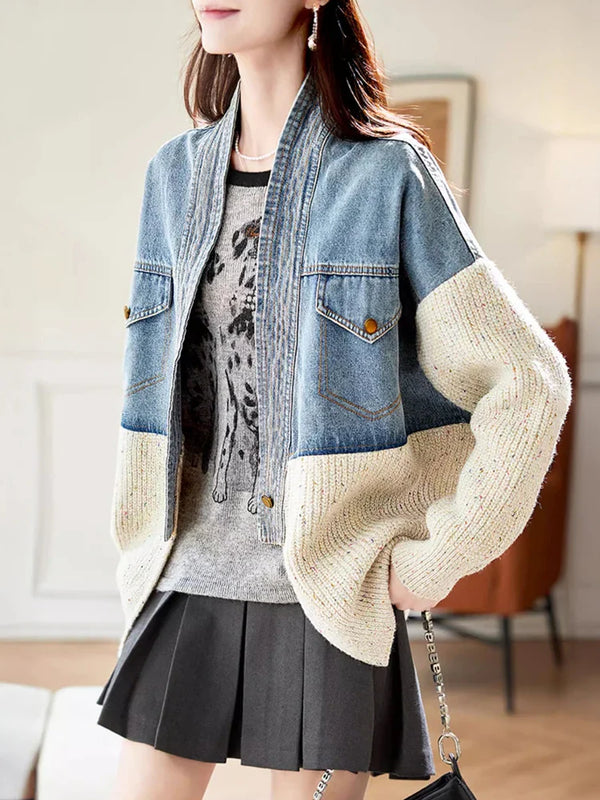 Oversized V-Neck Knit Relaxed Denim Jacket alternatif görünüm